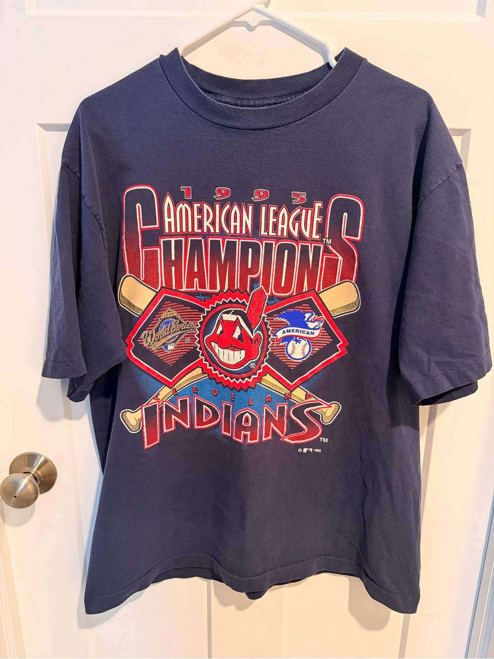 Logo Athletic Navy Blue Cleveland Indians 1995 American League Champions T-Shirt